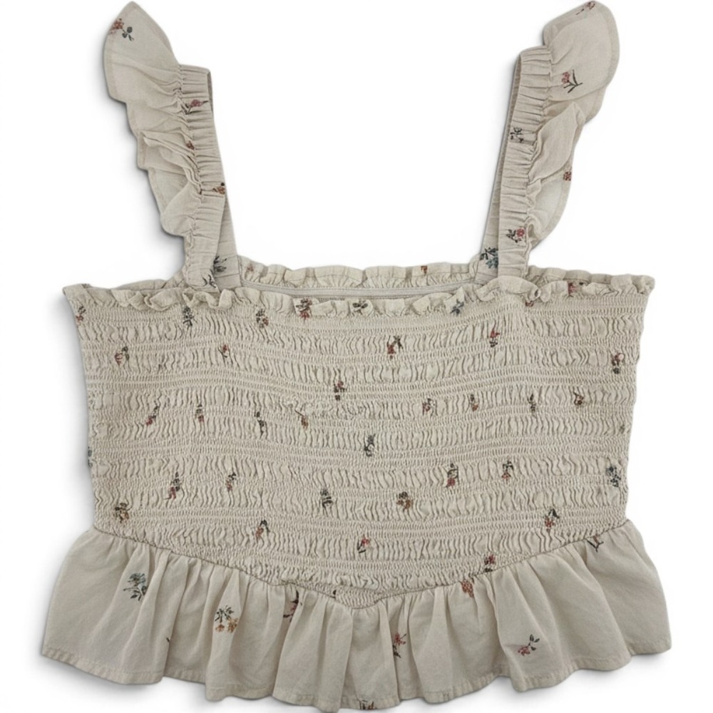 American Eagle Floral Smocked Peplum Tank Top Cream Ruffle Strap Womens Large